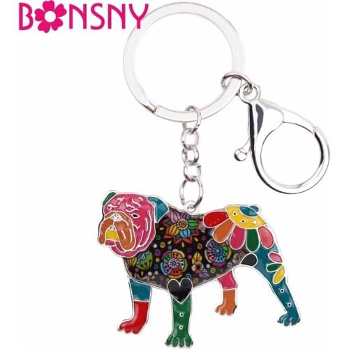 Bonsny Enamel English British Bulldog Bull Terrier Dog Key Chain Key Ring New Fashion Jewelry For Women Charm Bag Accessories