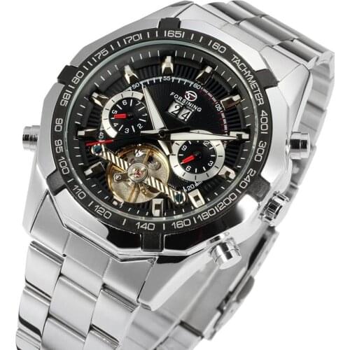Forsining Mens Mechanical Watches Automatic Day Calendar Self-Winding Tourbillon Stainless Steel Wrist Watch Relogio Masculino