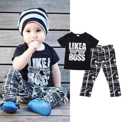 Kids Clothes Baby Boys Short Sleeve Boss T-Shirt Top and Pant Trouser 2PCS Outfit Children Clothing Set