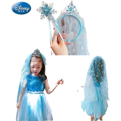 Disney Elsa Childrens Headband Hair Accessories Crown Princess Veil Headband Bow Hairpin Wig Girl Party Birthday Gift Headdress