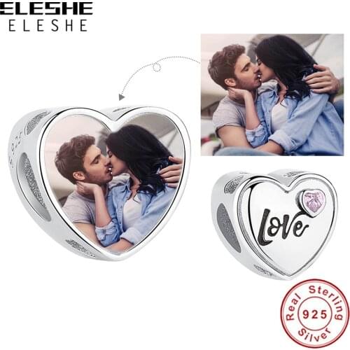 ELESHE 925 Sterling Silver Forver Love Beads Personalized Custom Photo Heart Charms Fit Original Bracelets & Bangles DIY Jewelry