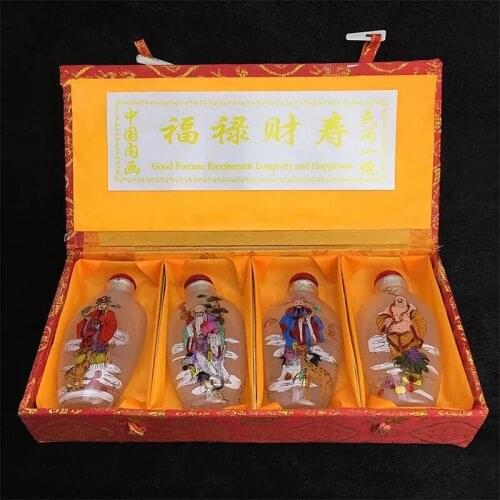 Fu Lu Shou Xi Tu, Antique Painted glass Snuff Bottle, handicraft office decoration