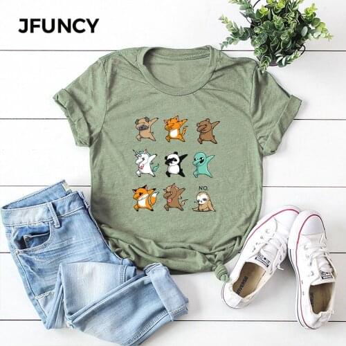 JFUNCY Plus Size 100% Cotton Summer Tshirt Cartoon Animals Print Women T-Shirt Short Sleeve Woman Tee Tops Female T Shirt