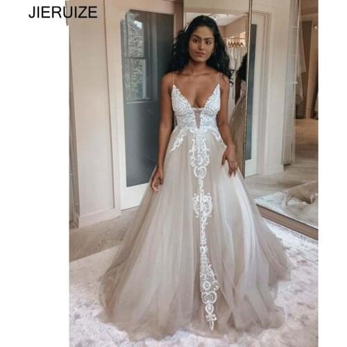 JIERUIZE Sexy African Boho Wedding Dresses Spaghetti Straps Backless Appliques Blush Pink Beach Wedding Gowns vestido de noiva