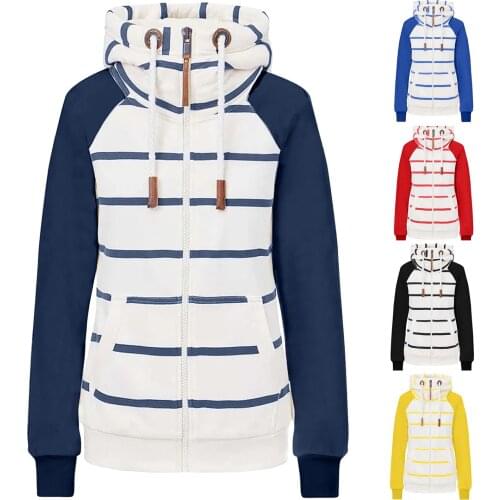 Women Fashion Casual Stripe Printed Jackets Zipper Long Sleeve Pocket Loose Hooded Sweatshirts Coat Outwear Chaqueta Mujer#35