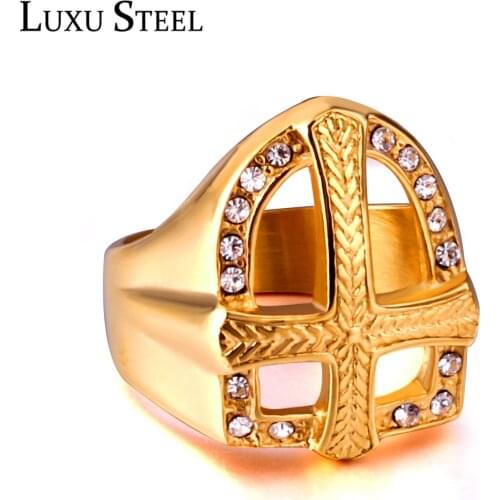 LUXUSTEEL Hyperbole Women Men Stainless Steel Rings Party Gold Color Cubic Zirconia Rings Cross Jewelry Engagement Friend