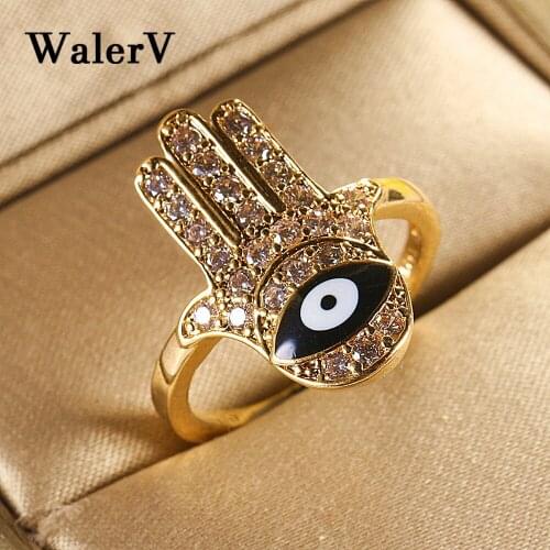 WalerV New Women Fashion Charm Jewelry Custom Luxury Gold Color Zircon Ring Personalized Fingers/Eyes Shape Wedding Rings Gift