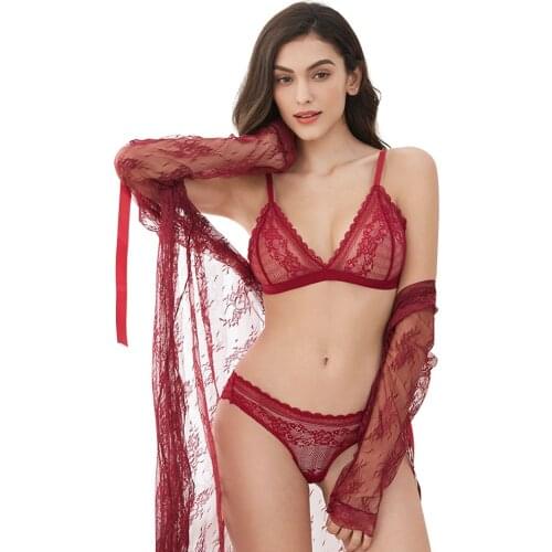 Ultra thin womens bra set ladies sexy lace wire free red black underwear set bra+panties+thong+robe 4 pcs/pack CYHWR
