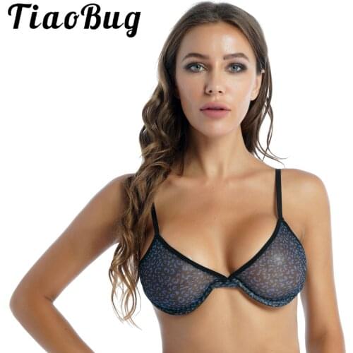 Womens Leopard Print Bralette Adjustable Shoulder Straps Bikini Underwear See Through Mesh Unlined Underwire Sexy Bra Brassiere
