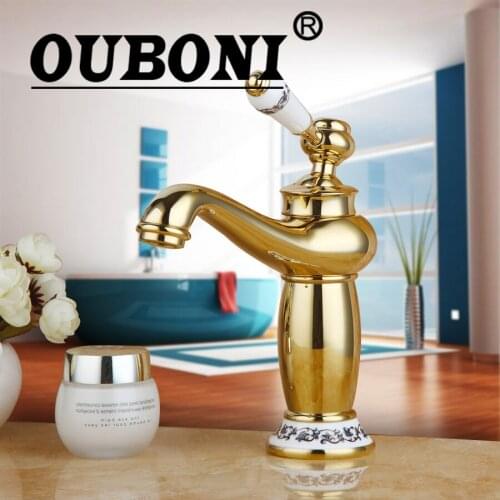 OUBONI Bathroom Faucet Golden Polished Basin Faucet Solid Brass Sink Tap Faucet Deck Mounted Water Mixer Tap