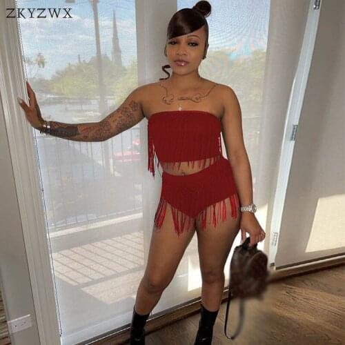 ZKYZWX Sexy Tassel Two Piece Set Strapless Backless Crop Top Tassel Biker Short Summer Outfits for Women Beachwear Matching Sets