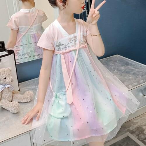 Girls Dress Princess Costumes Ancient Chinese Style Hanfu Dress Summer Children Cute Rainbow Mesh Chiffon Dress Kids Vestidos