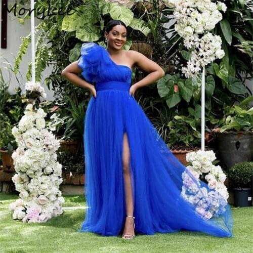 Bridesmaid Dresses One Shouder Floor Length Soft Tulle A-Line Side Slit Bridesmaid Dress Wedding Party Dresses With Zipper Back