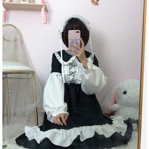 Japanese Lolita Dress Sweet Cute Kawaii Girls OP Princess Maid Vintage Ruffles Dress Women Gothic Long Sleeve Black Party Dress