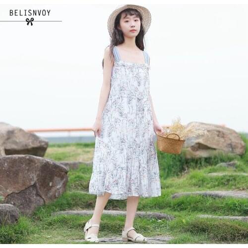 Mori Girl Summer Women Dresses Suspenders Floral Printed Backless Vestidos Mujer Chiffon Sweet Elegant Midi Holiday Beach Dress