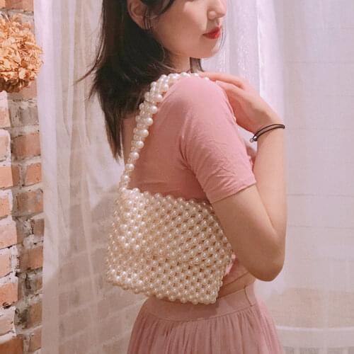 Woven Bag DIY Handmade Beaded Handbags for Women 2020 One-shoulder Flip Pearl Woven Woman Clutch Bag Fashionable Purses