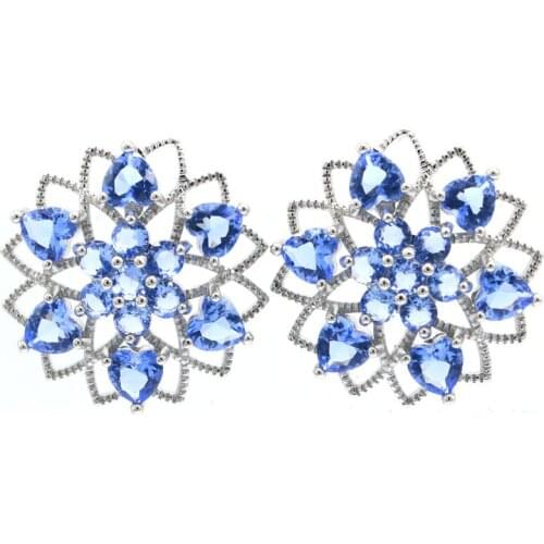 62x37mm Highly Recommend Big Flowers Created Pink Morganite White CZ Women Wedding Silver Earrings