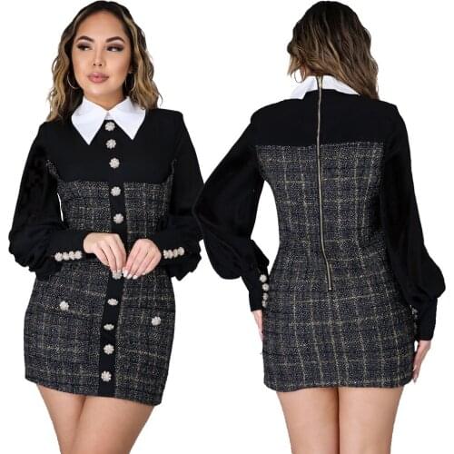 Spring New 2021 Women Plaid Matching Pocket A-line Bag Hip Dress Fashion Lapel Long Sleeve Button Elegant Bodycon Party Dress