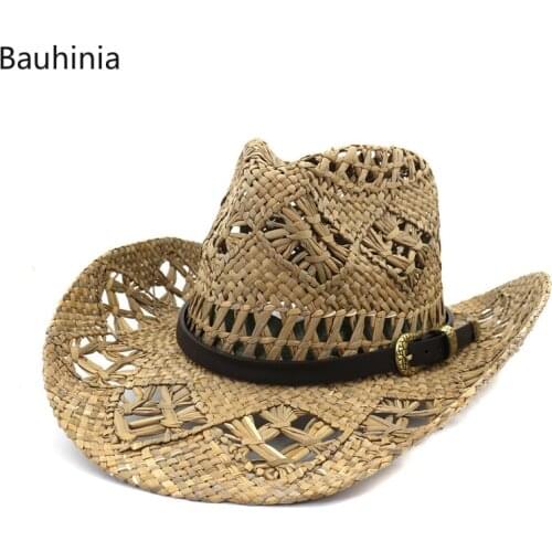 Natural Straw Fashion Hollowed Handmade Women Men Summer Outdoor Travel Beach Hats Western Cowboy Straw Hat Sun Cap
