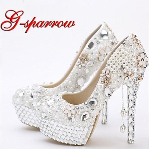 5 Inches Princess Crystal Wedding Shoes White Pearls Women Wedding Shoes Tassel Prom High Heesl Wedding Anniversary Party Shoes