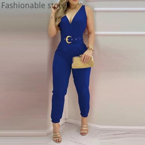 Womens Sexy Solid V Neck Sleeveless Casual Skinny Thick Strap Long Jumpsuit With Belt