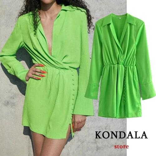 Women Chic Green Sexy V Neck Shirt Mini Dress Za 2021 Streetwear Side Split Sheath Party Dress Long Sleeve Elegant Y2K Vestidos
