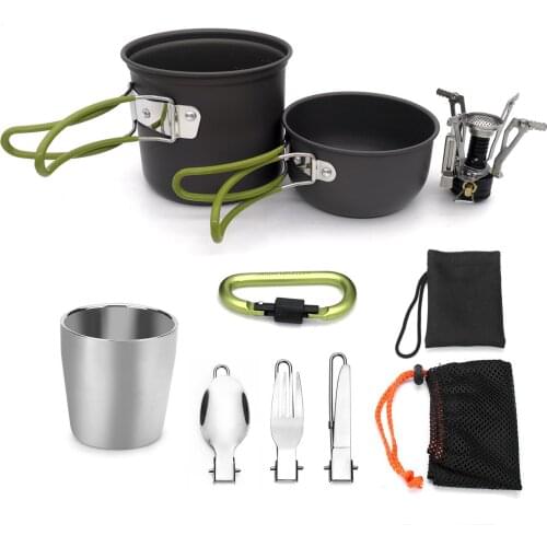 2021 Aluminum Alloy Outdoor Camping Hiking Tableware Portable Cookware Cooking Picnic Set Pot Bowl Cup With Gas Stove Carabiner