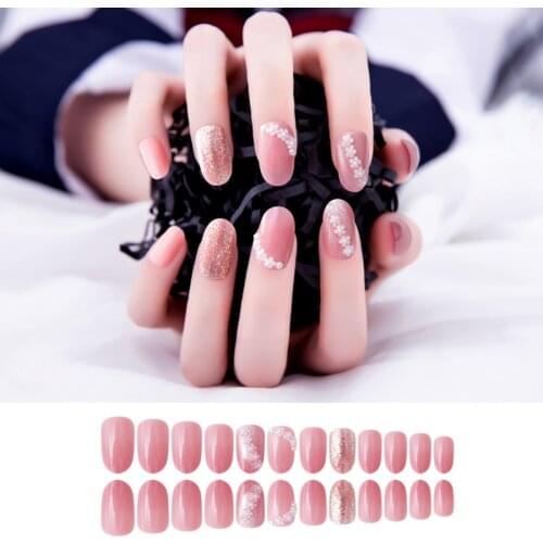 24Pcs/Set Pink Flower Printed Fake Nails With Glue Type Short Paragraph Fashion Manicure DIY Nail Art Decoration For Manicures