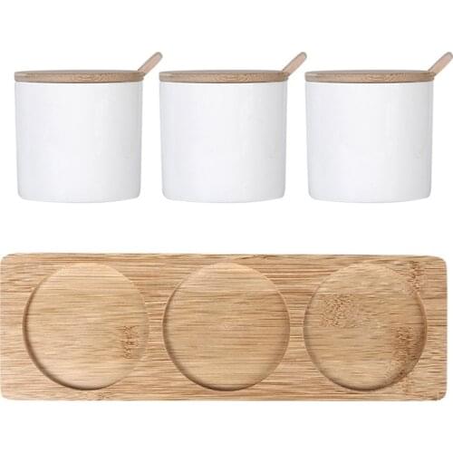 3 Pcs Seasoning Container Spice Jar Glass Sugar & Salt Storage Jar Containers With Wood Lids & Spoon Kitchen Supplies
