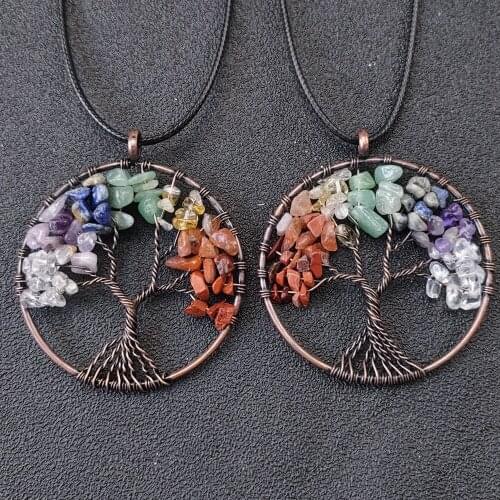 50mm Healing Crystal Quartz Bronze Colorful Tree of Life Seven Chakras Pendant Necklace Wholesale Charms Jewelry Making