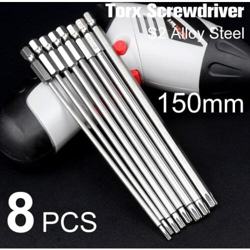 8pcs 1/4" Hex Shank 150mm Long Magnetic Torx Screwdriver Bit S2 Steel Multifunctional Screw Driver Set Four equilateral angle