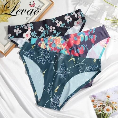 LEVAO New Seamless Tangas Women Sexy Cotton Panties Underwear Ice Silk Fashion Pattern Print Lingerie Underpants Briefs Hipster