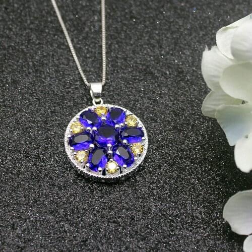 Hermosa Elegant Natural BlueTopaz YellowCitrine Silver Color For Women Charms Pendant Chain Necklace 20 Inch