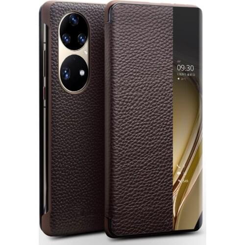 Genuine Leather Phone Cover for Huawei Ascend P50 Pro Ultra Thin Flip Case with Smart View for Huawei P50