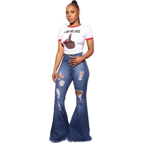 Fashion Sexy Slim Hole Strech Cotton Wide Leg Bell Bottom Boyfriend Jeans Ripped for Women Pantalones Vaqueros Mujer Streetwear