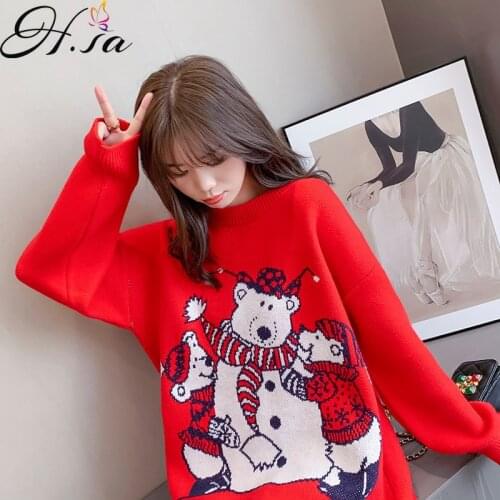 Hsa 2021 Fall Winter Outer Wear Cartoon Bear Pullover Sweaters Womens Clothing Loose and Idle Kawaii Long Sleeve Knitted Top