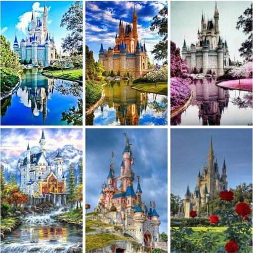 Huacan 5d Diamond Embroidery Cross Stitch Church Castle Diamond Paintings Mosaic Building Landscape Paintings For Interior