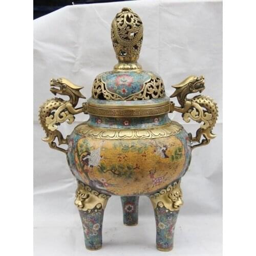Chinese Bronze Cloisonne Foo Dog Dragon Red-crowned Crane incense burner Censer