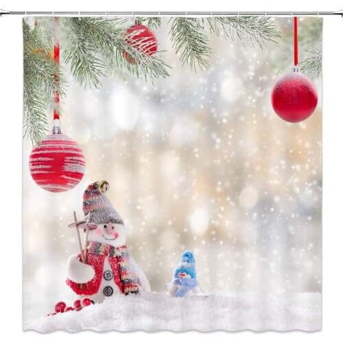 Red Xmas Balls Hang On Green Pine Tree Cute Snowman Fantasy Winter Snow Scenery Fabric Bathroom Curtains