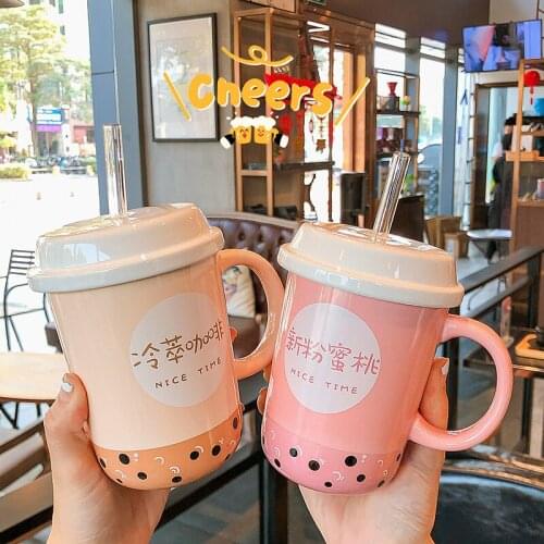 Boba Mug Creative Cartoon Ceramic Straw Cup with Lid Coffee Mugs Office Milk Tea Breakfast Cups Boba Tea Cups with Straws
