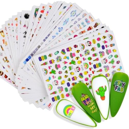 1pcs Cactus Rainbow Nail Stickers Cute Cartoon Decorations For Nails Dog Cat Adhesive Decals Anime Tatto For Manicure