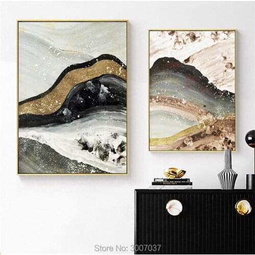 Chinese Style Ink Abstract Gold Quicksand Mountain Landscape Canvas Painting Living Room Poster Wall Picture Scandinavian Decor