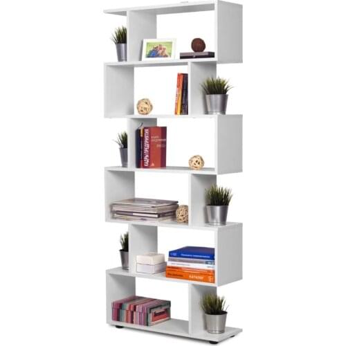 Openning Wooden Bookcase 6-Tier Display Shelf and Room Divider, Freestanding Decorative Storage Shelving Bookshelf, White