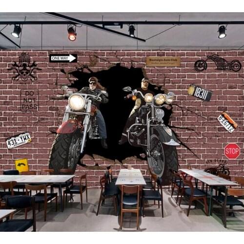Custom 3D Moto rider breaks through the brick wall hand-painted character ktv background wallpaper mural