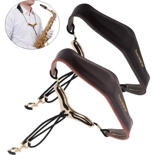 Genuine Leather Saxophone Double Shoulder Neck Strap Cowhide Material Adjustable Sax Stage Play Neck Belt 2 Colors Optional