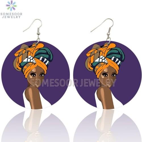 SOMESOOR Afrocentric Ethnic Headwrap Woman Drop Earrings African Tribal Style Both Sides Printed Loops Dangle For Women Gifts
