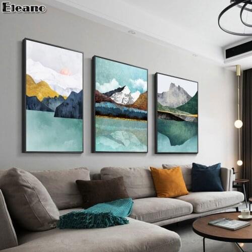 Dark Green Lake and Golden Sun Snow Mountain Canvas Art Abstract Scandinavian Painting Landscape Picture Turquoise Home Decor