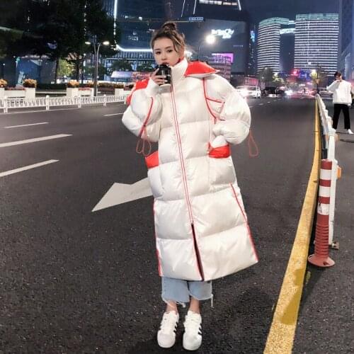 Korean Hooded Parkas Women Jacket Winter Long Sleeve Zipper Glossy White Duck Down Coat Fashion Long Thick Female Overcoat H1096