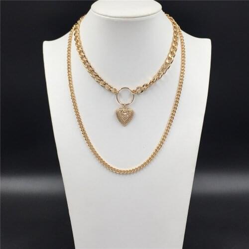 Gorgeous Gold Color Plating Engraved Heart Charm with Emily Key Chain Layered Necklace For Women Circle Linked Center Decoration
