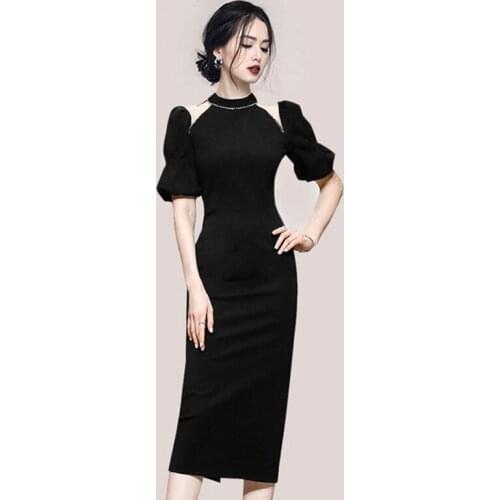 High Quality Fashion 2021 Summer Luxury Lantern Sleeve Women Sexy Black Rhinestone Diamond bodycon Celebrity Party Dresses